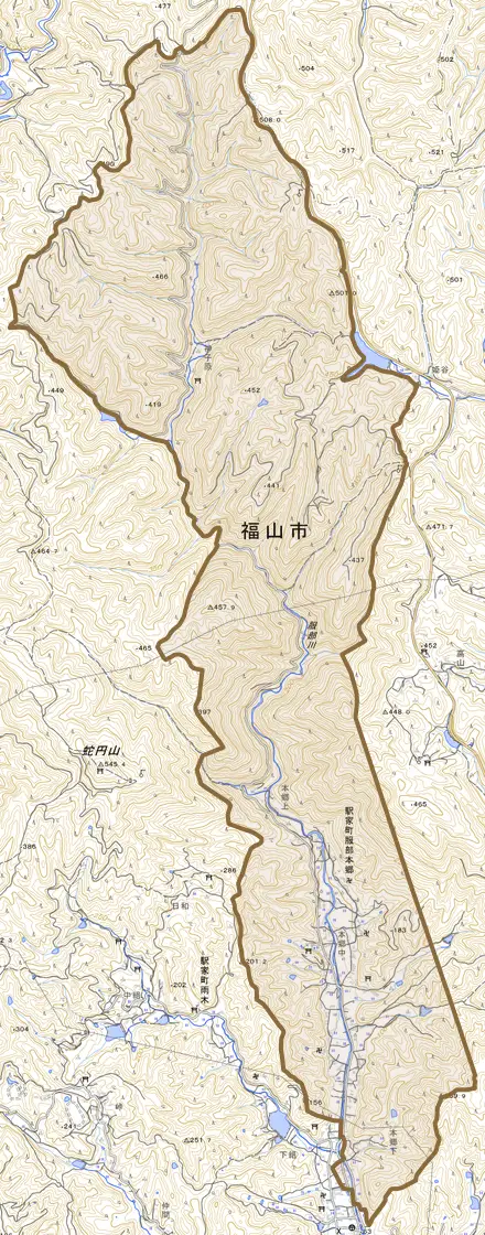 駅家町大字服部本郷とその周辺の地図。町の範囲を重ねている