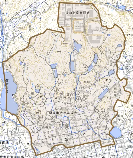 駅家町大字法成寺とその周辺の地図。町の範囲を重ねている