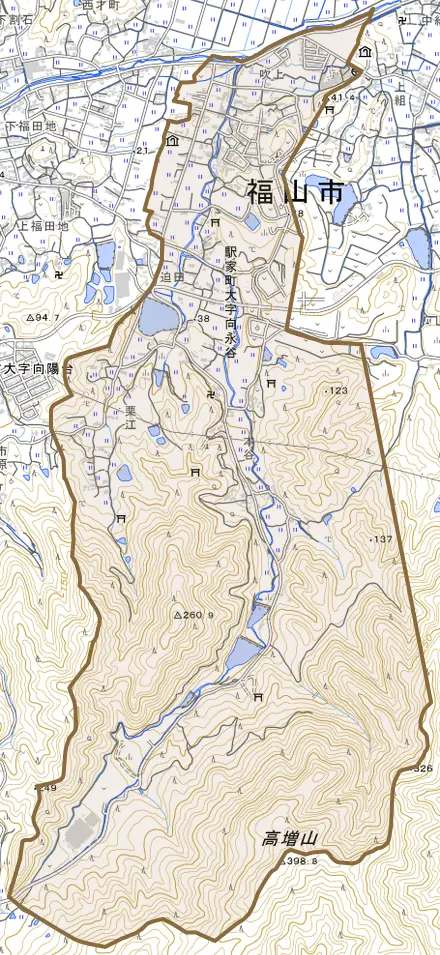 駅家町大字向永谷とその周辺の地図。町の範囲を重ねている