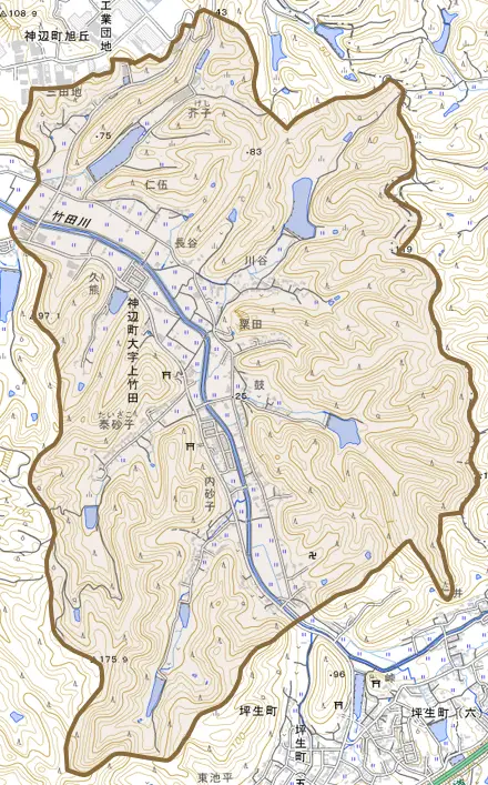神辺町大字上竹田とその周辺の地図。町の範囲を重ねている