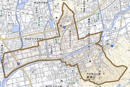 神辺町大字川北とその周辺の地図。町の範囲を重ねている