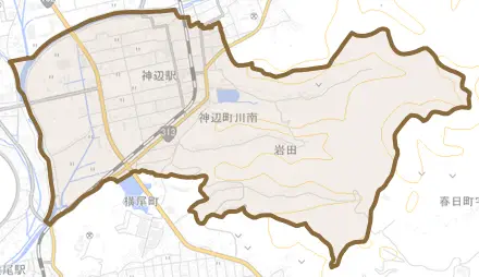 神辺町大字川南とその周辺の地図。町の範囲を重ねている