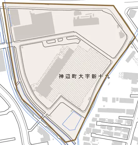 神辺町大字新十九とその周辺の地図。町の範囲を重ねている