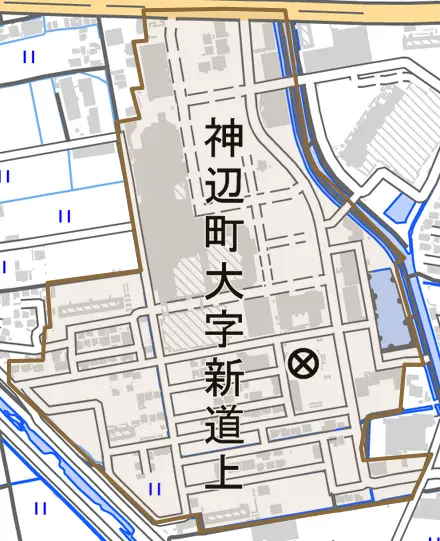 神辺町大字新道上とその周辺の地図。町の範囲を重ねている