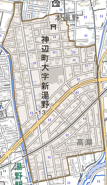 神辺町大字新湯野とその周辺の地図。町の範囲を重ねている