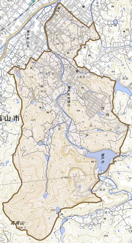 瀬戸町大字地頭分とその周辺の地図。町の範囲を重ねている