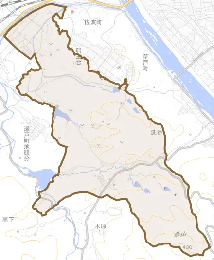 瀬戸町大字長和とその周辺の地図。町の範囲を重ねている