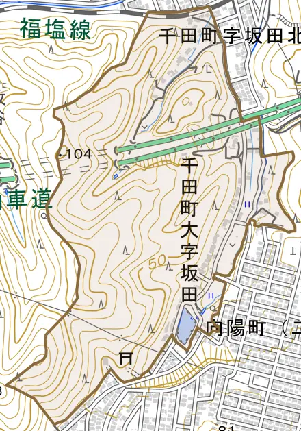 千田町大字坂田とその周辺の地図。町の範囲を重ねている