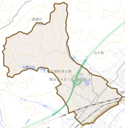津之郷町大字津之郷とその周辺の地図。町の範囲を重ねている