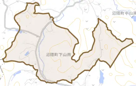 沼隈町大字下山南とその周辺の地図。町の範囲を重ねている
