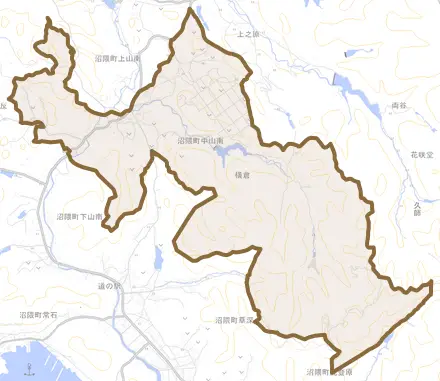沼隈町大字中山南とその周辺の地図。町の範囲を重ねている