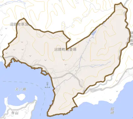 沼隈町大字能登原とその周辺の地図。町の範囲を重ねている