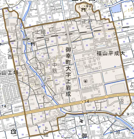 御幸町大字上岩成とその周辺の地図。町の範囲を重ねている