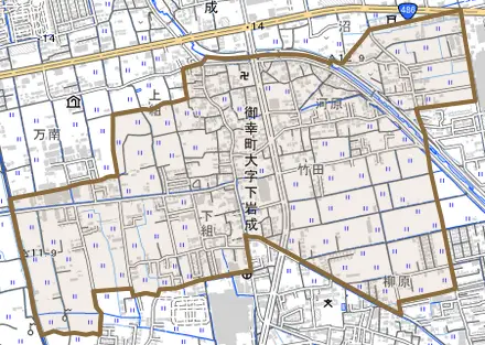 御幸町大字下岩成とその周辺の地図。町の範囲を重ねている