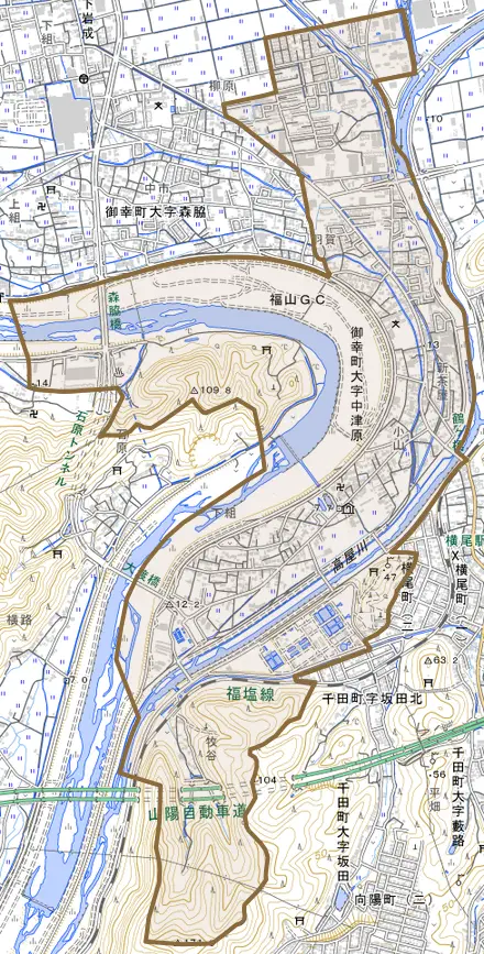 御幸町大字中津原とその周辺の地図。町の範囲を重ねている