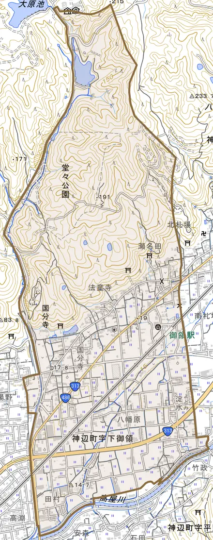神辺町字下御領とその周辺の地図。町の範囲を重ねている