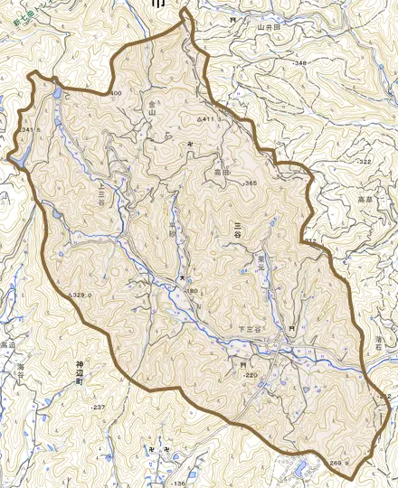 神辺町字三谷とその周辺の地図。町の範囲を重ねている