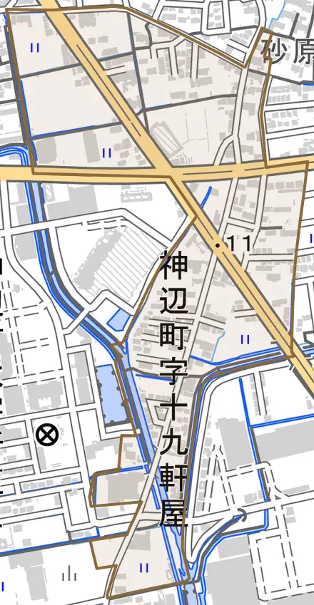 神辺町字十九軒屋とその周辺の地図。町の範囲を重ねている