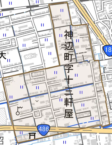 神辺町字十三軒屋とその周辺の地図。町の範囲を重ねている