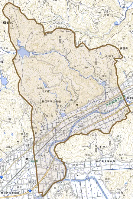神辺町字上御領とその周辺の地図。町の範囲を重ねている