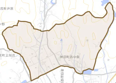 神辺町字西中条とその周辺の地図。町の範囲を重ねている