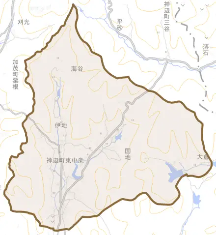 神辺町字東中条とその周辺の地図。町の範囲を重ねている