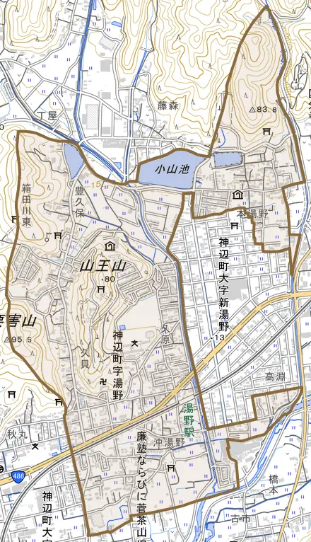 神辺町字湯野とその周辺の地図。町の範囲を重ねている