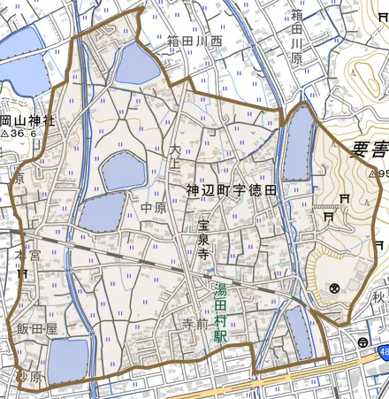 神辺町字徳田とその周辺の地図。町の範囲を重ねている