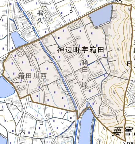 神辺町字箱田とその周辺の地図。町の範囲を重ねている