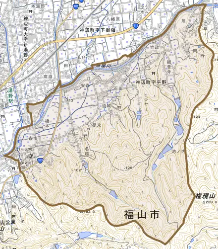 神辺町字平野とその周辺の地図。町の範囲を重ねている