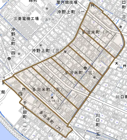 多治米町とその周辺の地図。町の範囲を重ねている
