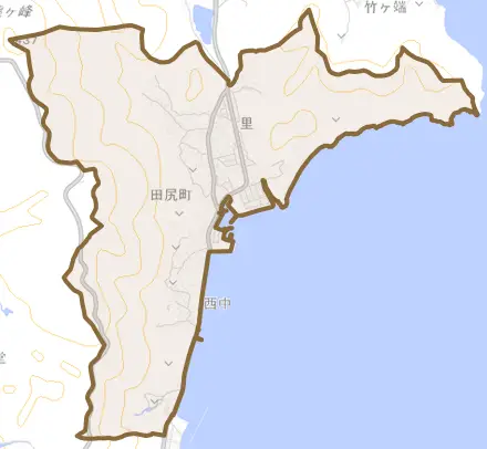 田尻町とその周辺の地図。町の範囲を重ねている