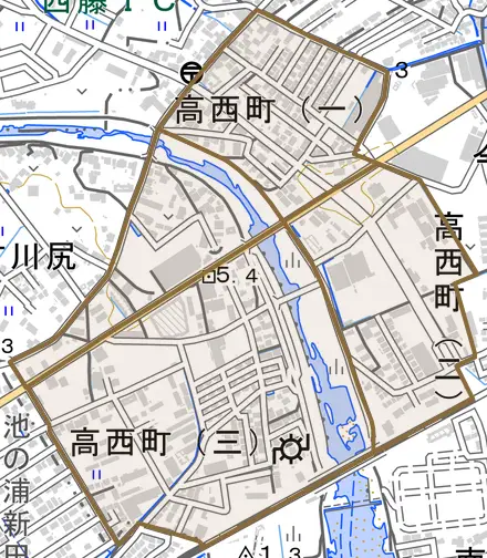 高西町とその周辺の地図。町の範囲を重ねている