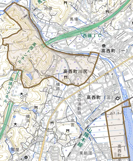 高西町川尻とその周辺の地図。町の範囲を重ねている