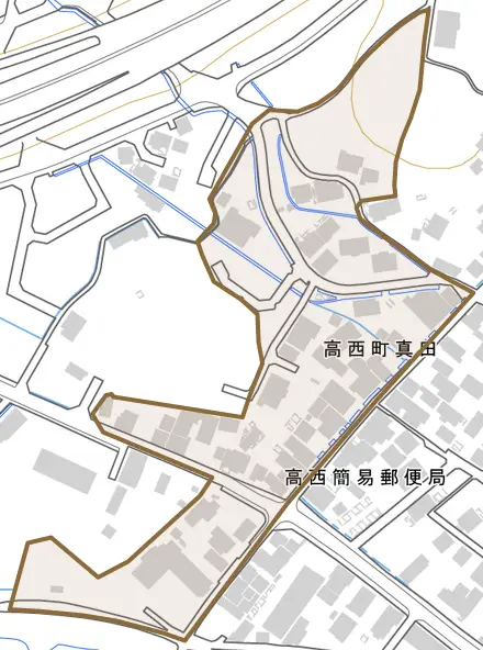 高西町真田とその周辺の地図。町の範囲を重ねている