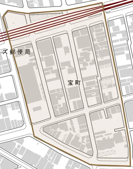 宝町とその周辺の地図。町の範囲を重ねている