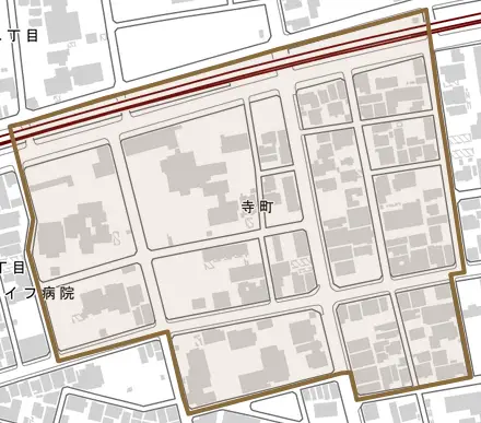 寺町とその周辺の地図。町の範囲を重ねている