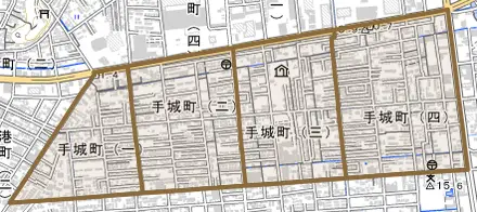 手城町とその周辺の地図。町の範囲を重ねている