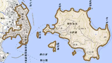 鞆町鞆とその周辺の地図。町の範囲を重ねている