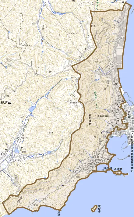 鞆町後地とその周辺の地図。町の範囲を重ねている