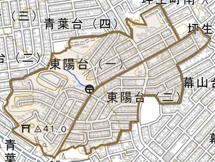 東陽台とその周辺の地図。町の範囲を重ねている