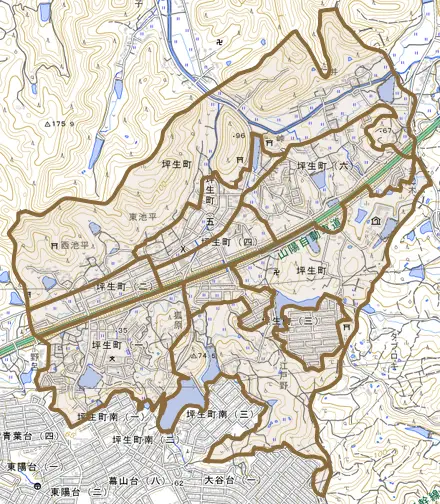 坪生町とその周辺の地図。町の範囲を重ねている