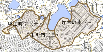 坪生町南とその周辺の地図。町の範囲を重ねている