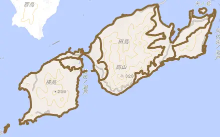 内海町とその周辺の地図。町の範囲を重ねている