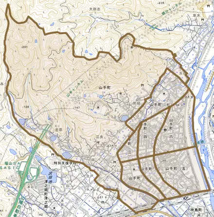 山手町とその周辺の地図。町の範囲を重ねている