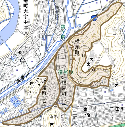 横尾町とその周辺の地図。町の範囲を重ねている
