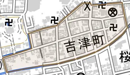 吉津町とその周辺の地図。町の範囲を重ねている