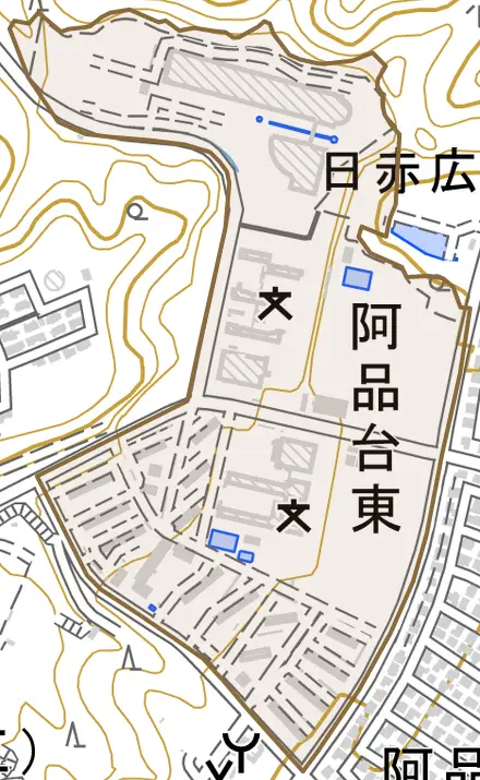 阿品台東とその周辺の地図。町の範囲を重ねている