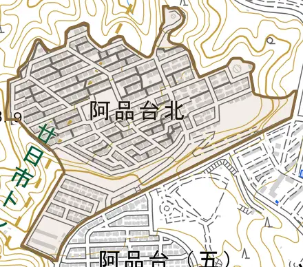 阿品台北とその周辺の地図。町の範囲を重ねている