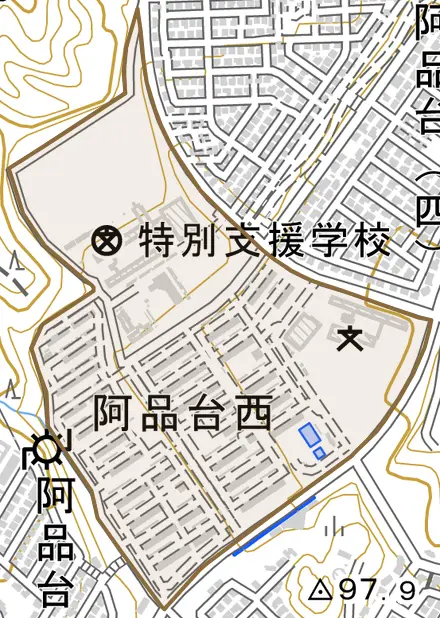 阿品台西とその周辺の地図。町の範囲を重ねている